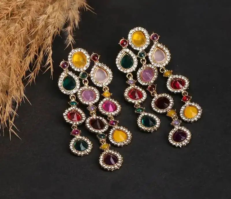 Luxurious multicolor cascade earrings - crystal-embellished statement earrings for wedding & festival glamour