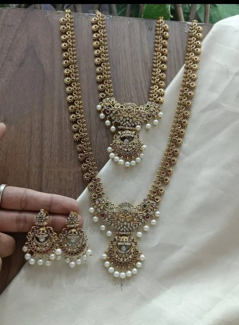 Antique temple design bridal necklace set with chandbali earrings - pearl embellished gold-plated traditional jewelry