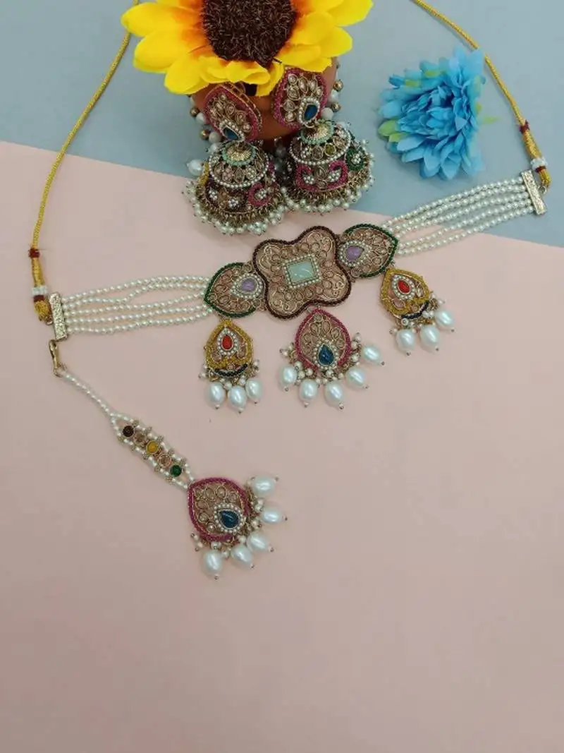 Gold-plated handcrafted kundan bridal jewelry set | traditional ethnic necklace, earrings, maang tikka for all occasions