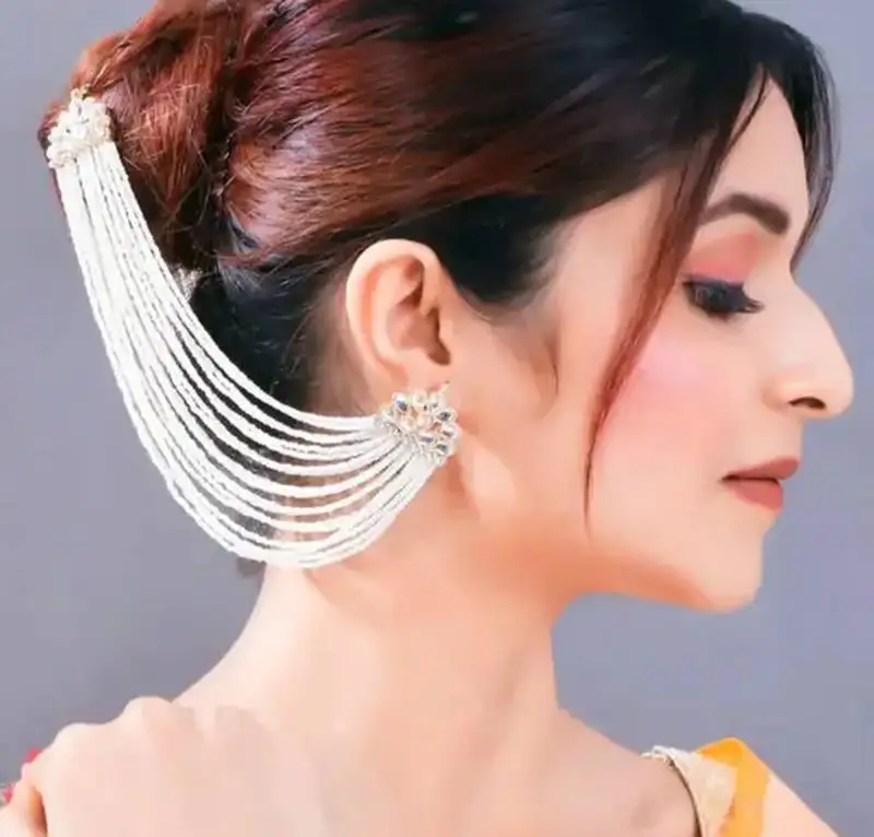 Pearl cascade ear cuff and hair chain | bridal white beaded statement earrings