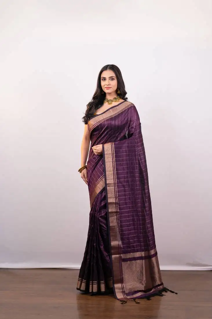Purple soft banarasi art silk saree with zari border