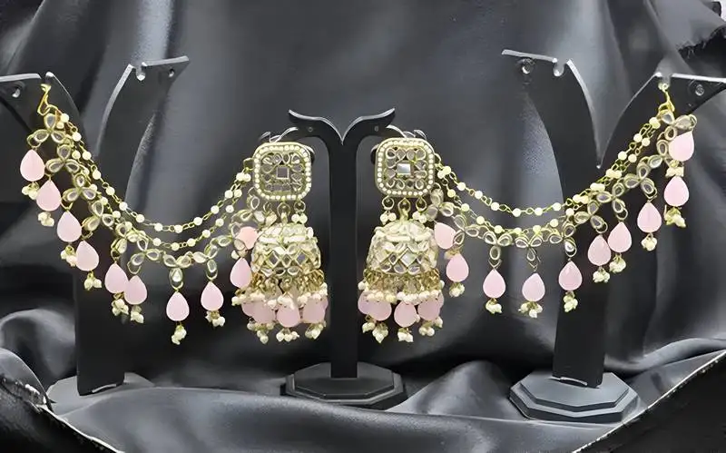 Antique gold pink bahubali jhumka earrings | traditional ear chain wedding jewelry