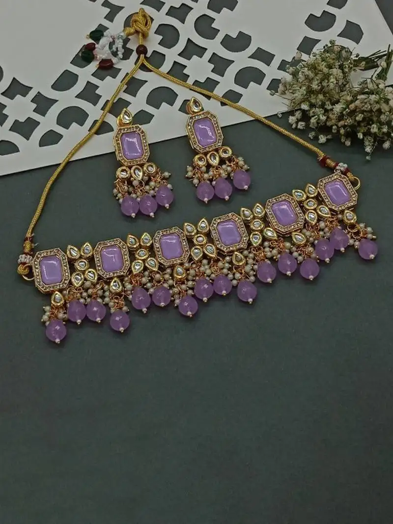 Lavender kundan choker necklace set | royal purple stone gold-plated jewelry