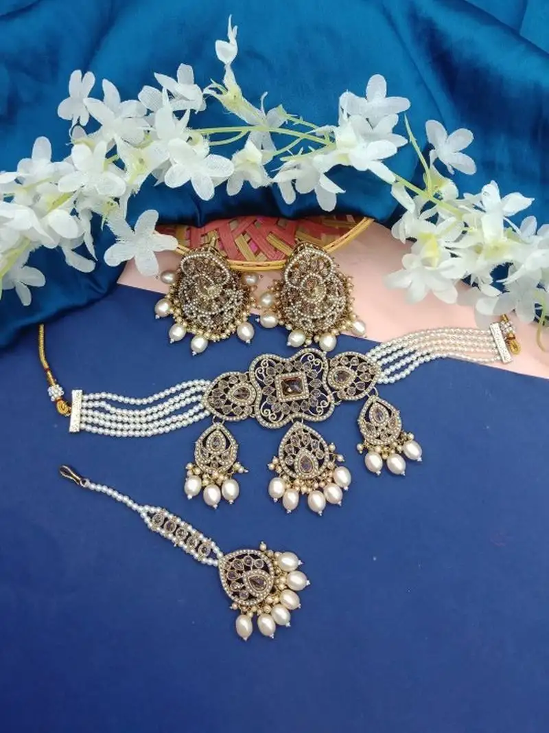Elegant champagne pearl choker jewelry set with tikka - antique finish bridal collection