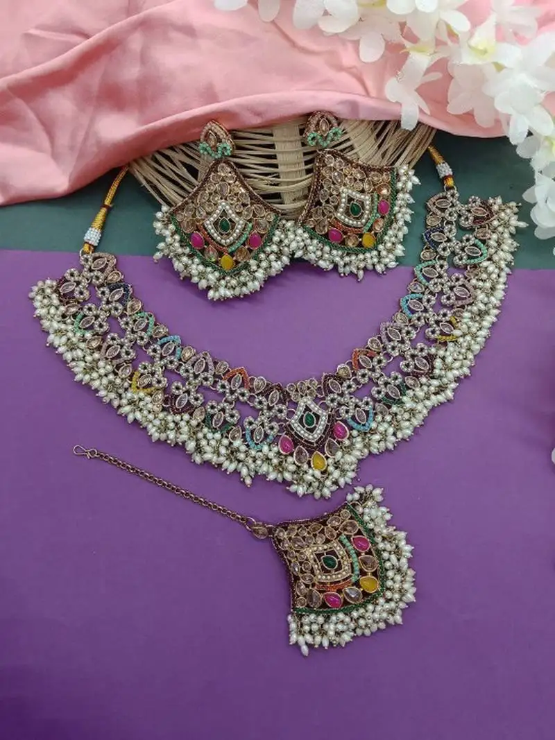 Exquisite multicolored kundan pearl choker necklace set - traditional indian wedding jewelry collection