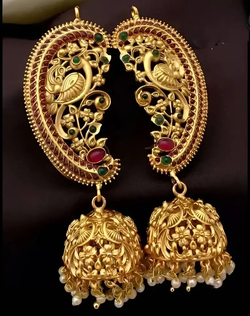 Antique gold peacock temple jhumka earrings ruby & emerald traditional earrings handcrafted south indian bridal jewelry