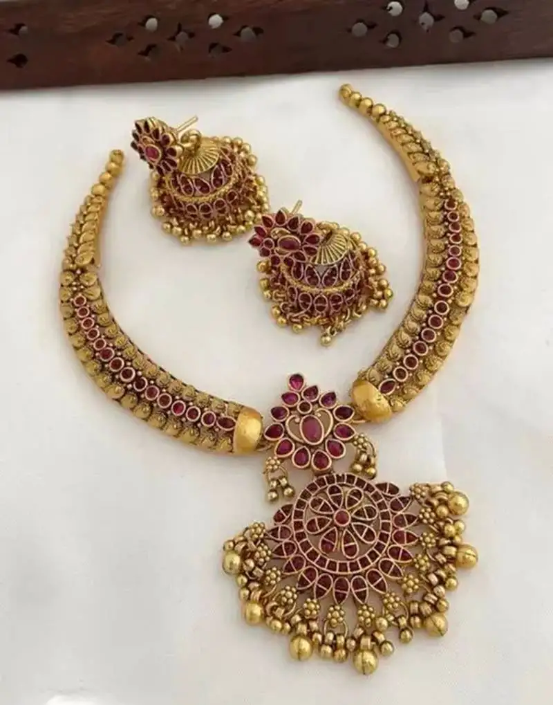 Traditional gold-plated kundan necklace set with red stones handcrafted ethnic bridal jewelry- festival & wedding wear