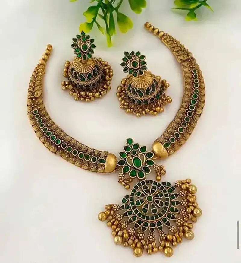 Traditional gold-plated kundan necklace set with green stones handcrafted ethnic bridal jewelry- festival & wedding wear