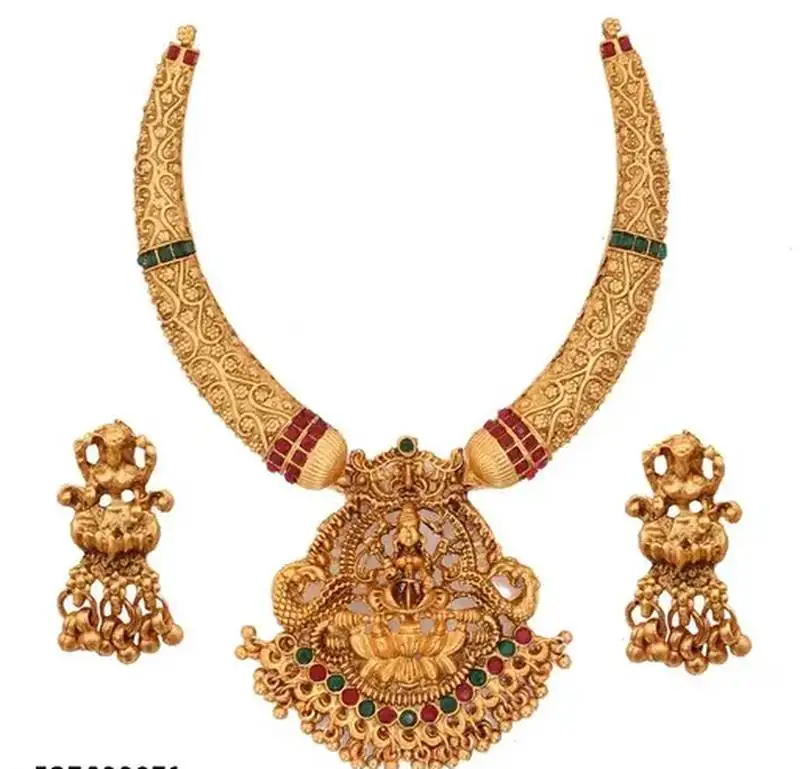 Traditional gold-plated temple necklace set with lakshmi pendant & jhumka earrings handcrafted ethnic jewelry