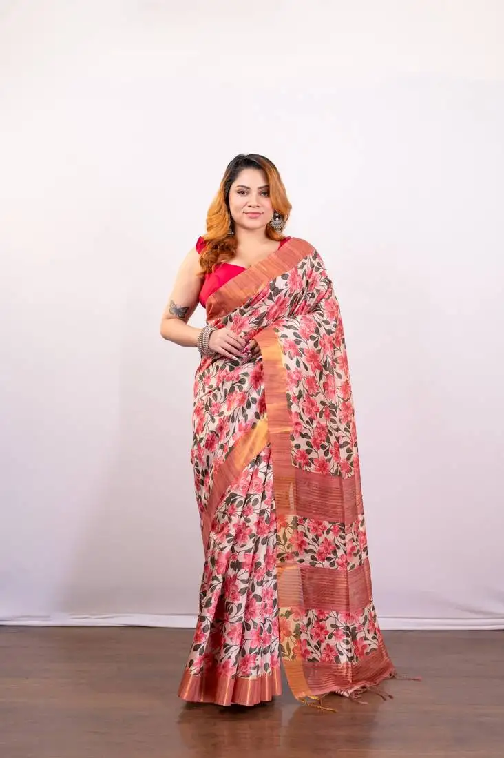 Pink floral jaal printed soft tussar art silk saree