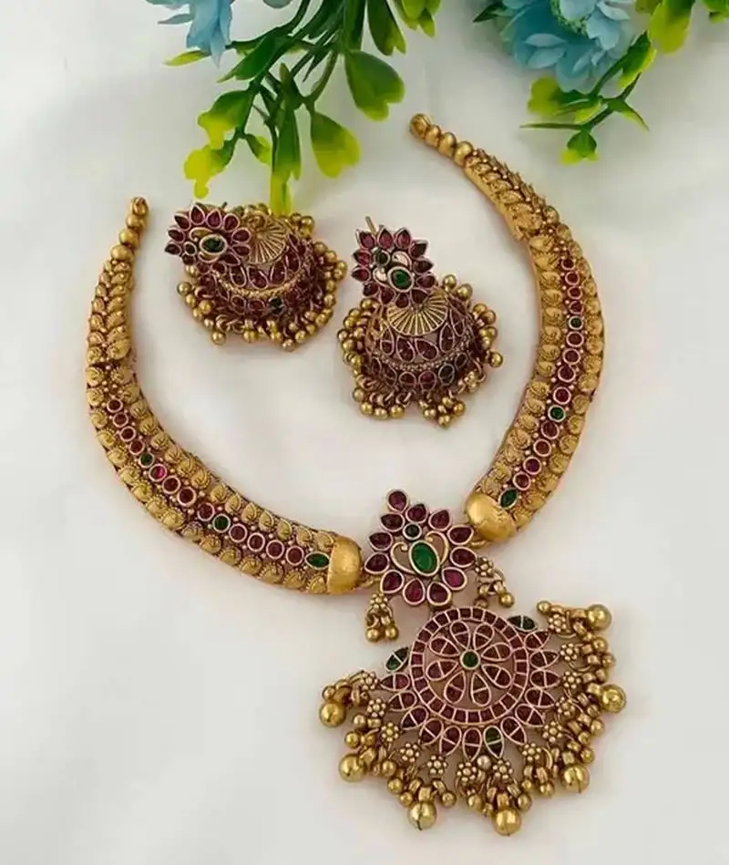 Traditional gold-plated kundan necklace set with multi stones handcrafted ethnic bridal jewelry- festival & wedding wear