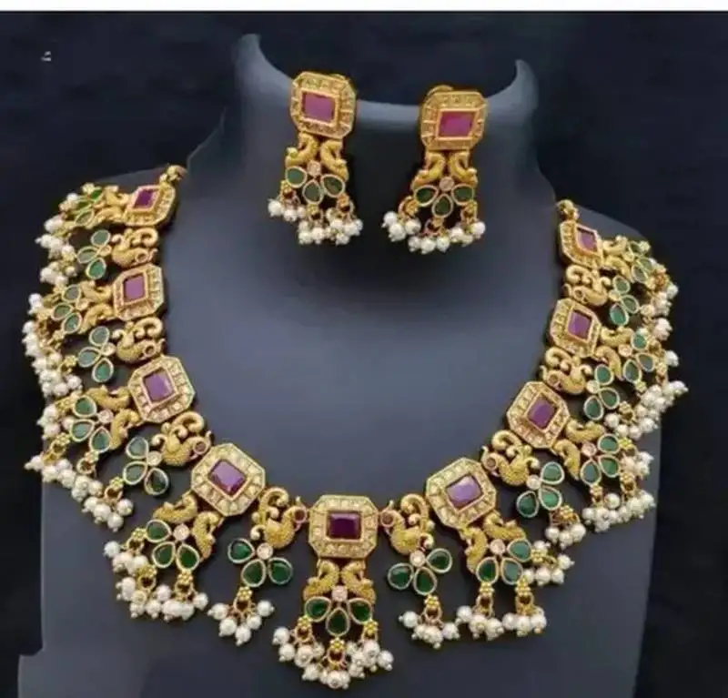 Kundan choker necklace set with multicolor stones traditional indian wedding jewelry gold-plated ethnic bridal set
