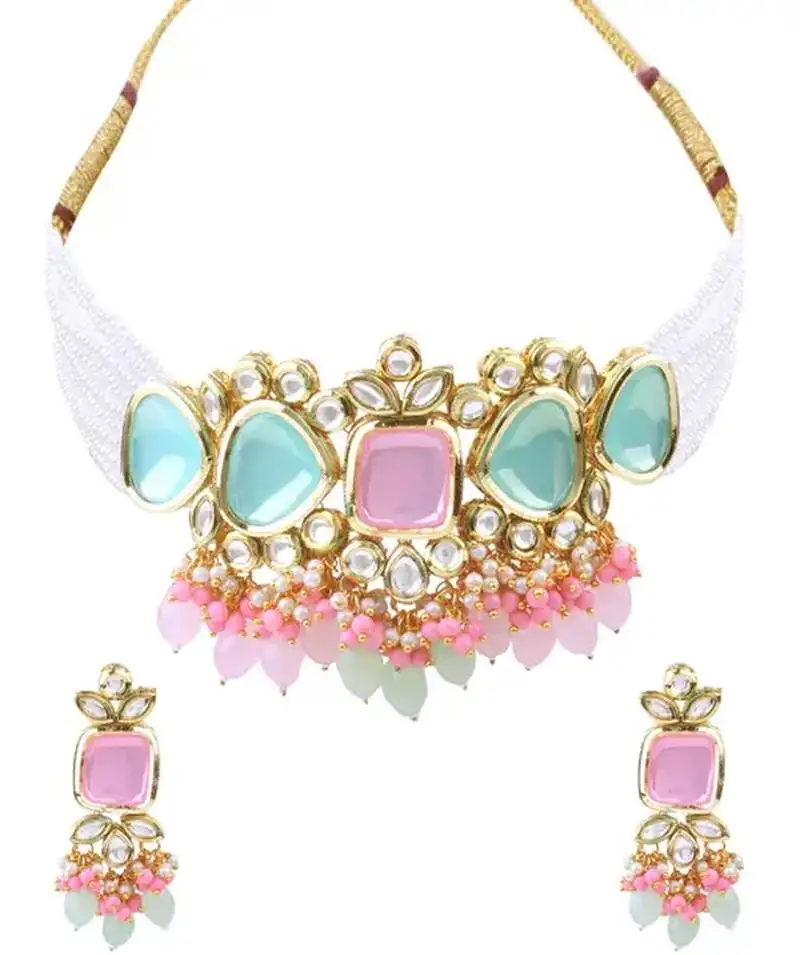 Elegant multi gold indian kundan choker necklace and earring set