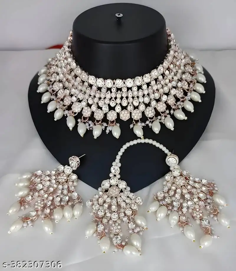 Kundan & pearl bridal jewelry set-luxury choker necklace earrings & maang tikka-ethnic wedding & party wear