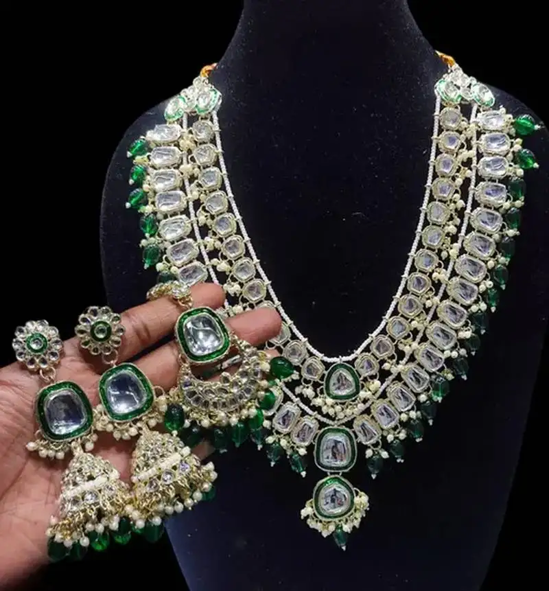 Royal polki kundan necklace set with green emerald accents - vintage-inspired bridal collection