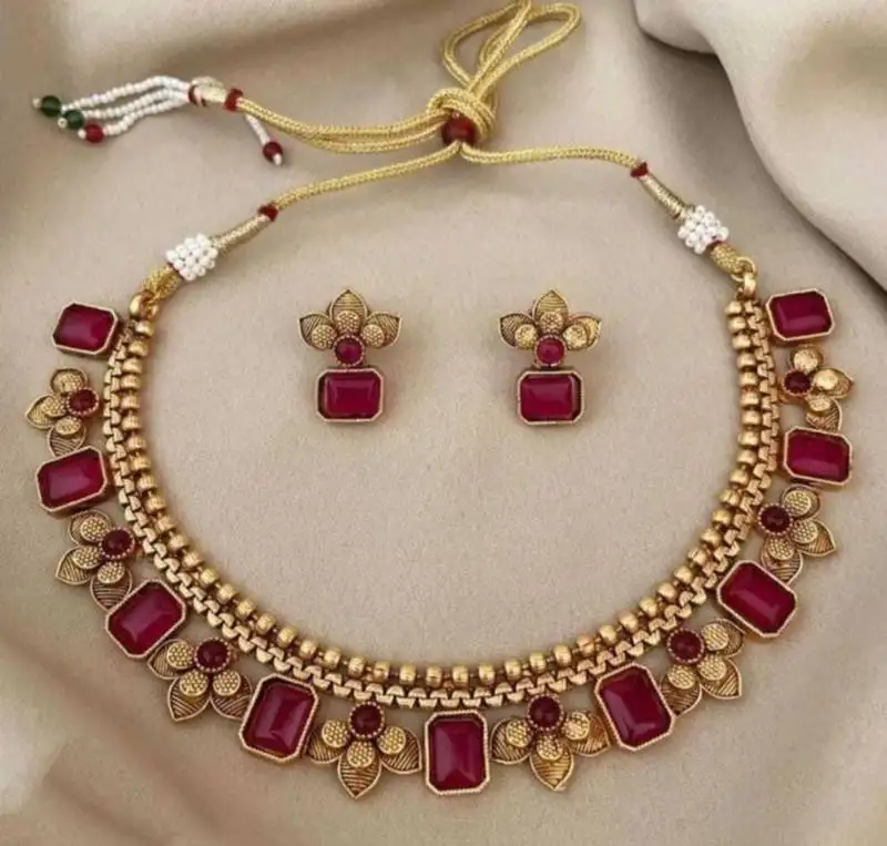 Antique gold ruby floral choker set - adjustable designer necklace - traditional indian wedding jewelry collection