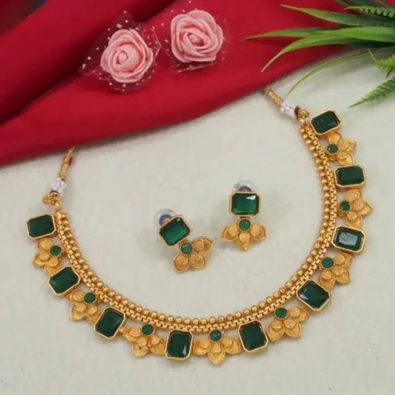 Antique gold floral choker set - adjustable designer necklace - traditional indian wedding jewelry collection
