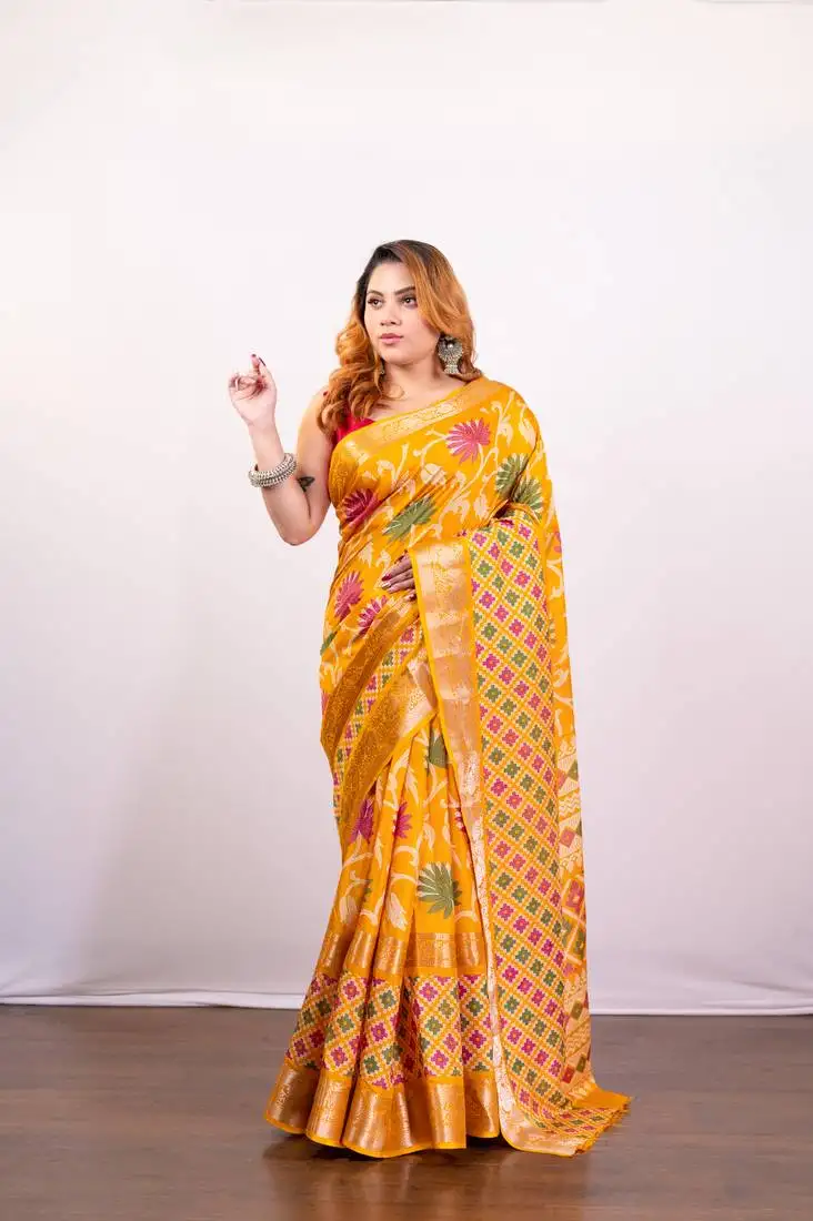 Gold yellow soft dola art silk saree with floral jaal print