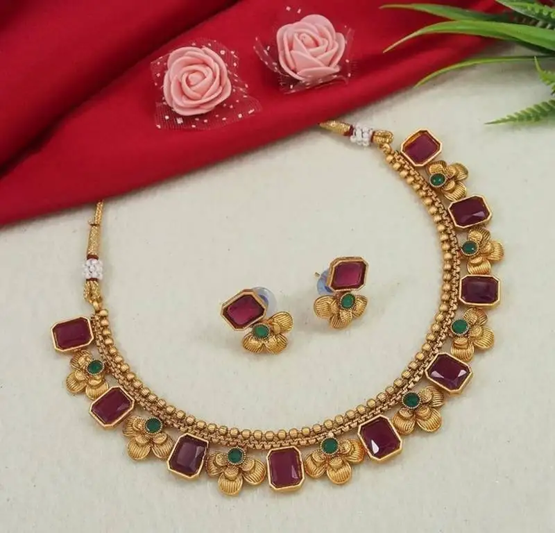 Antique gold ruby green floral choker set - adjustable designer necklace - traditional indian wedding jewelry set