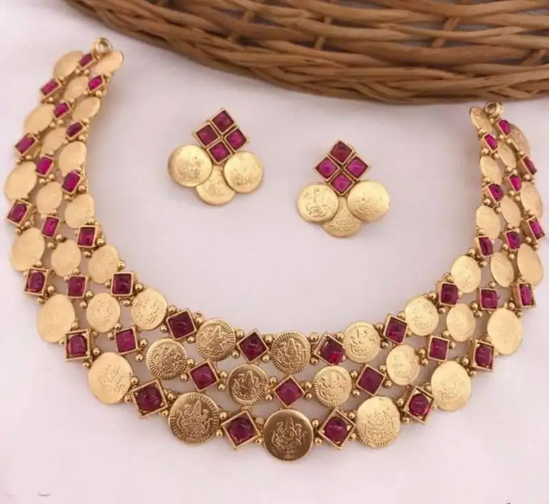 Temple coin necklace set with red stones - traditional south indian lakshmi design wedding jewelry set