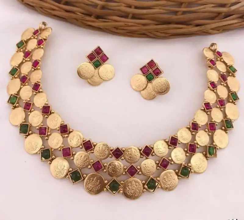 Temple coin necklace set with red green stones - traditional south indian lakshmi wedding jewelry collection