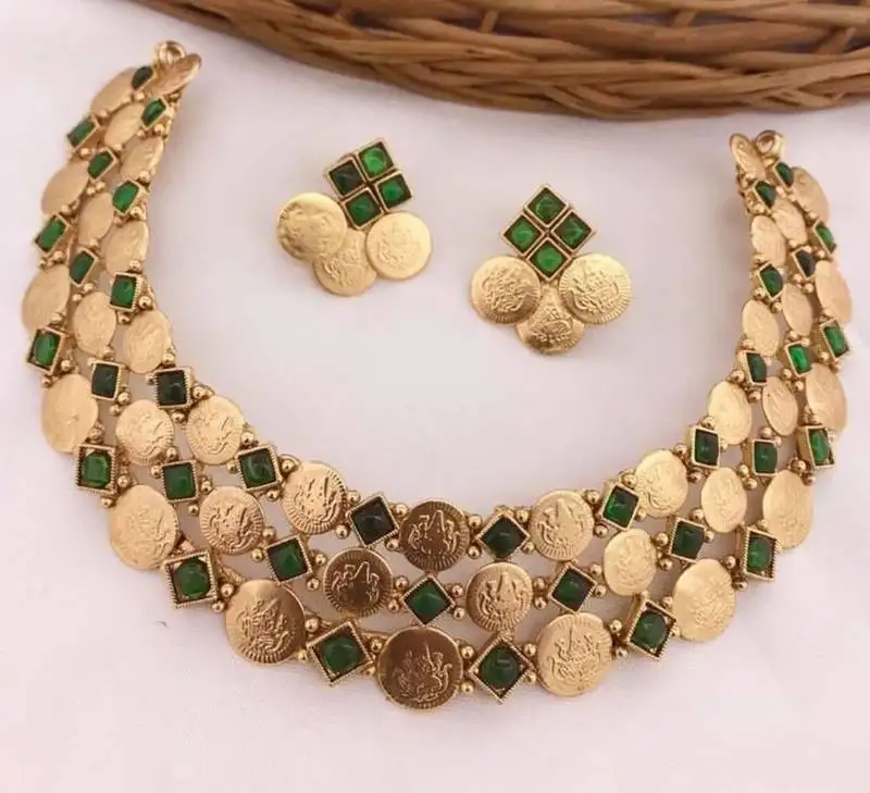 Temple coin necklace set with emerald green stones - traditional south indian design wedding jewelry collection