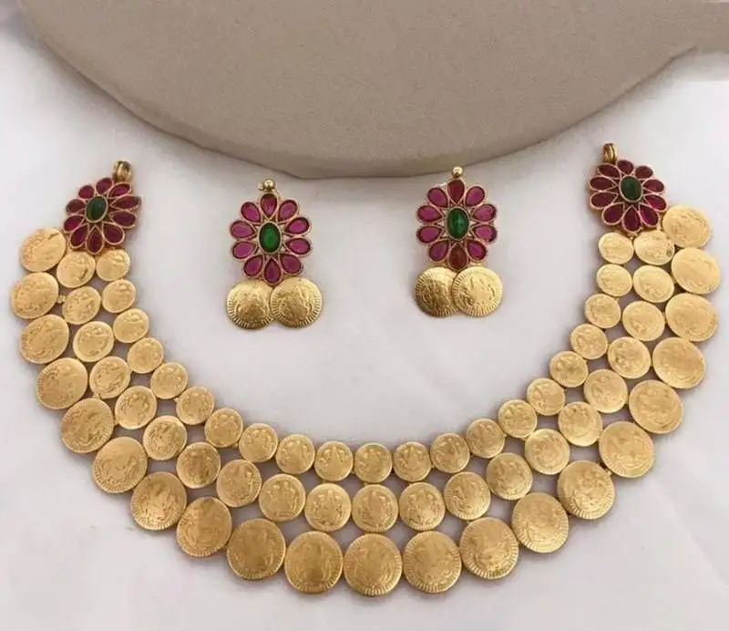 Traditional lakshmi coin necklace set with red green stones - antique gold temple jewelry set