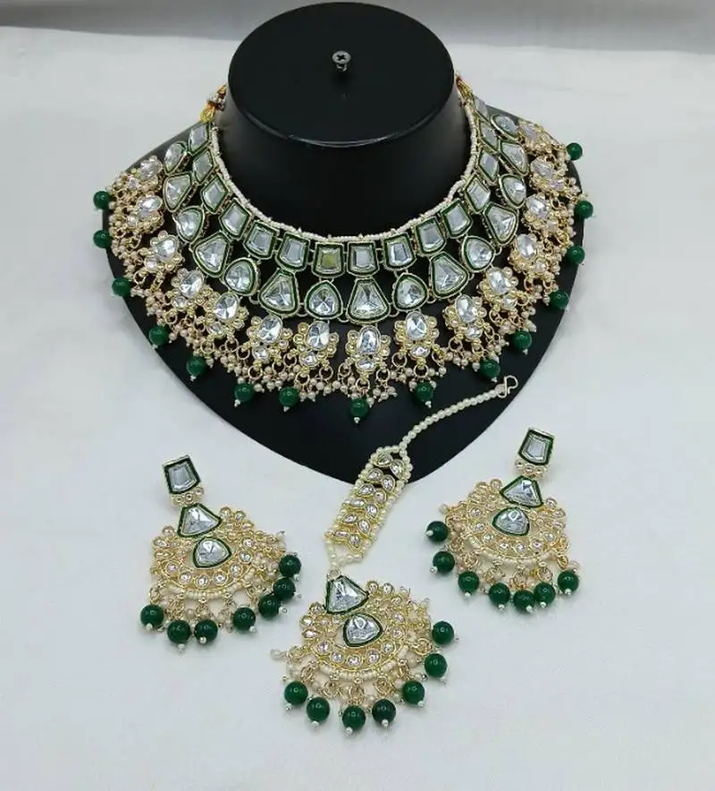 Kundan bridal jewelry set -green & crystal choker with earrings & maang tikka - traditional gold-plated wedding set