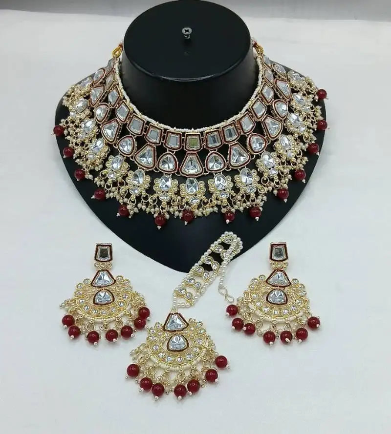Kundan bridal jewelry set - maroon & crystal choker with earrings & maang tikka - traditional gold-plated wedding set