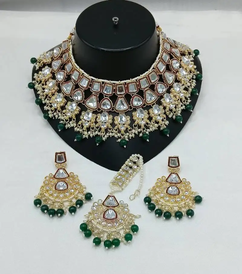 Kundan bridal jewelry set - crystal choker with earrings & maang tikka - traditional gold-plated wedding set