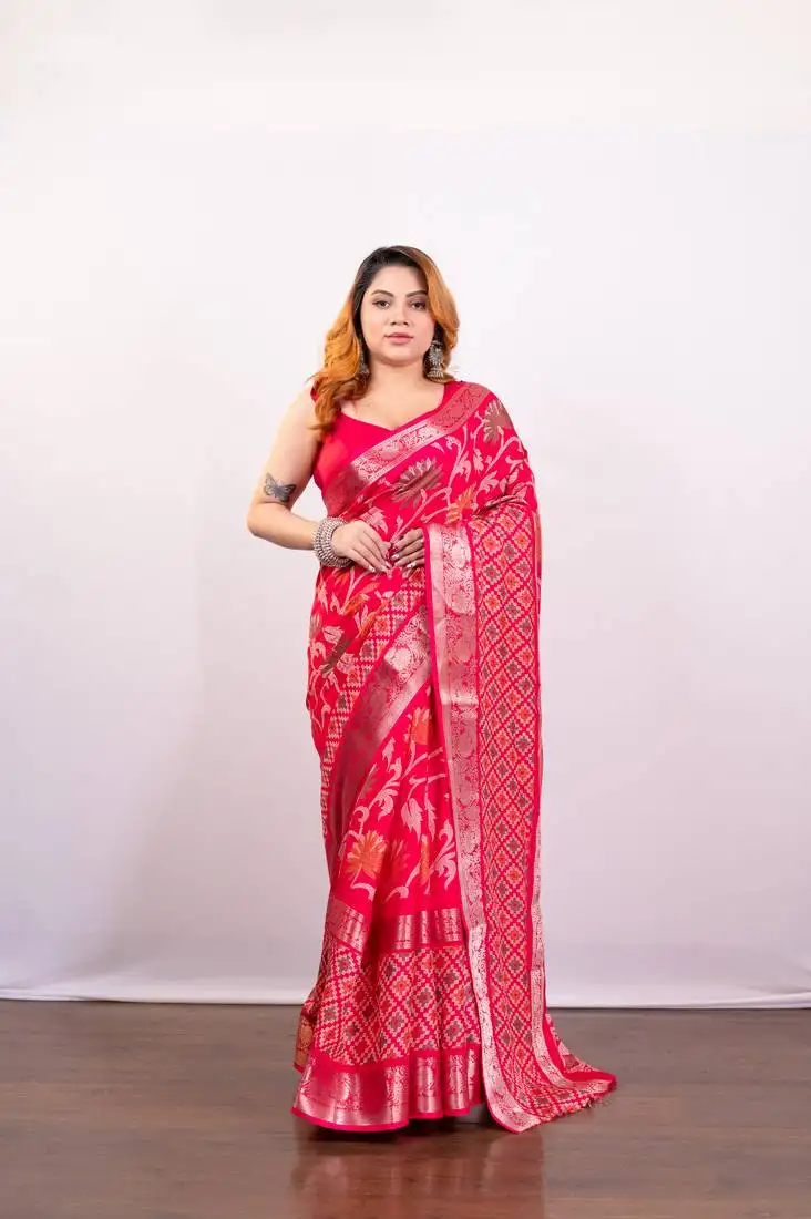 Pink soft dola art silk saree with floral jaal print