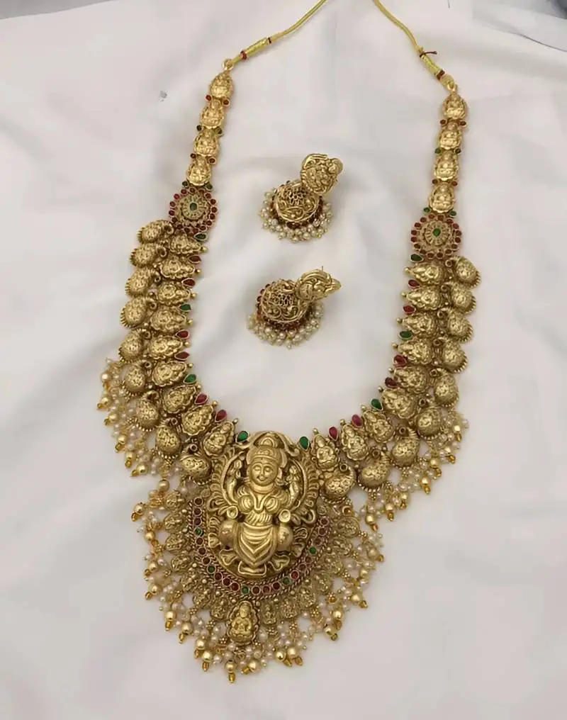Antique gold-plated temple necklace set with pearl | traditional south indian wedding jewelry with chandbali earrings