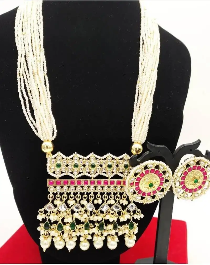 Rajasthani long necklace - traditional gold-plated kundan with red and green stones - bridal wedding jewelry set