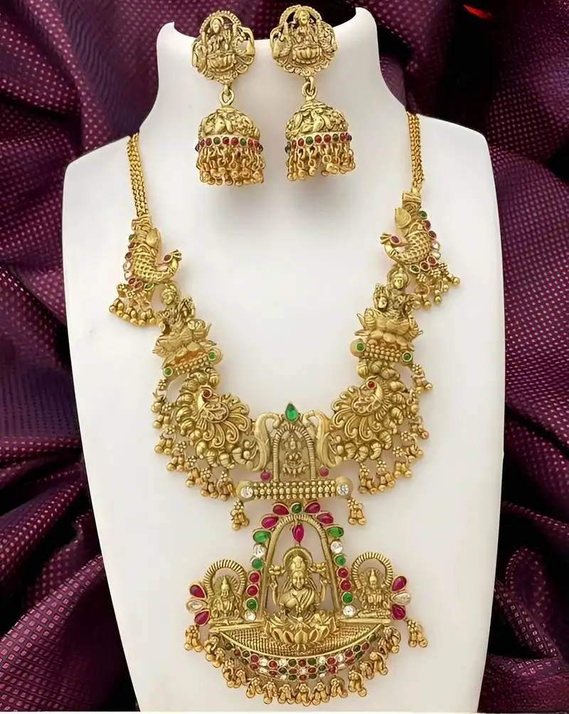 Traditional temple lakshmi design gold-plated necklace with jhumka earrings | antique finish south indian jewelry set