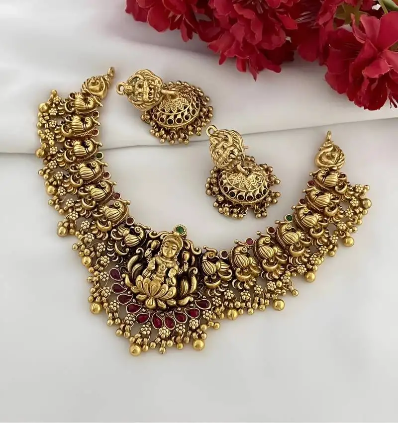 Antique gold lakshmi temple choker set - traditional south indian necklace with matching jhumkas