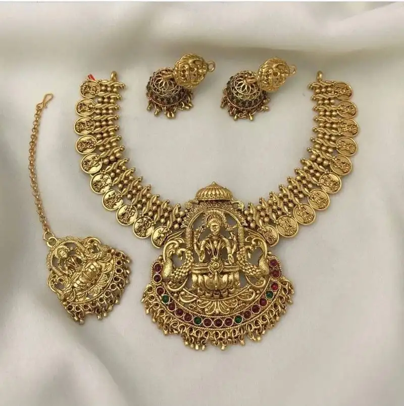 Temple jewelry set - traditional south indian antique gold-plated necklace with jhumka earrings