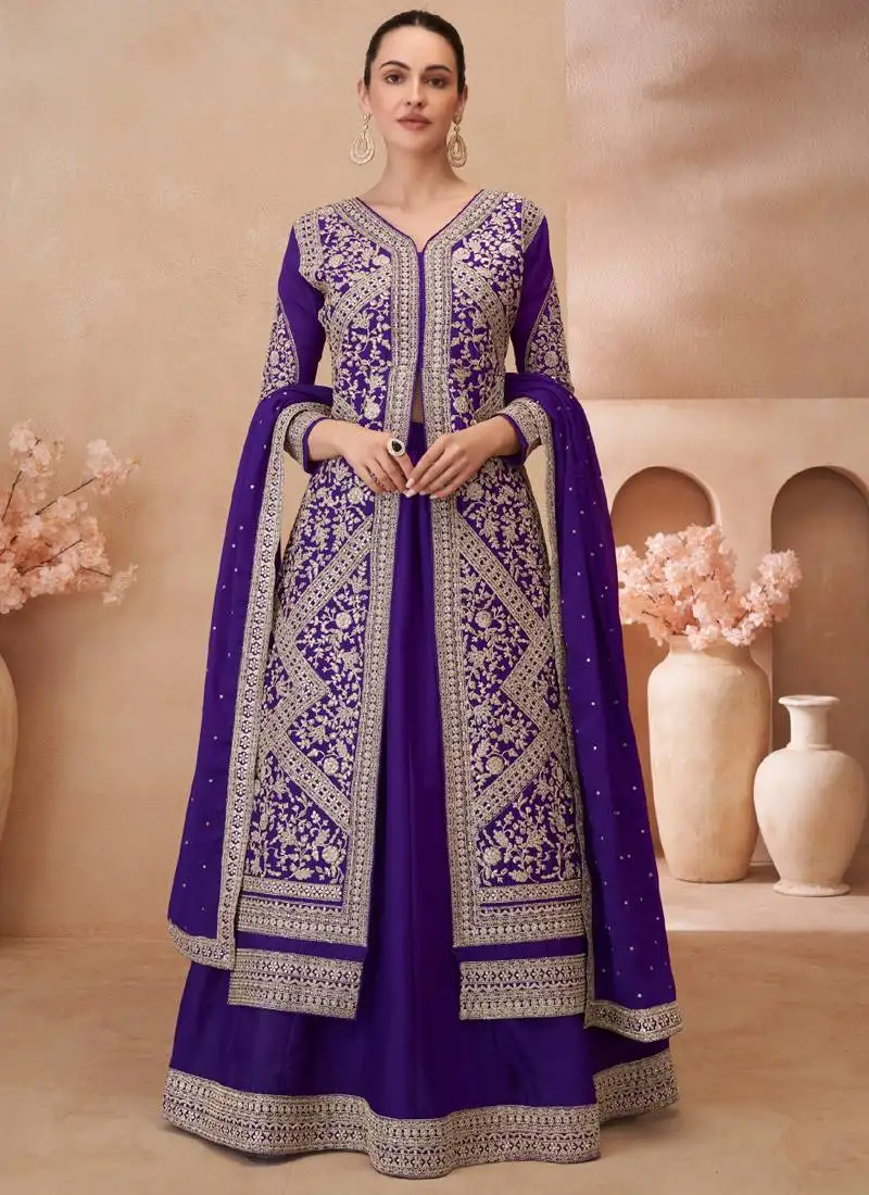 Violet chinon silk embroidered suit stitched