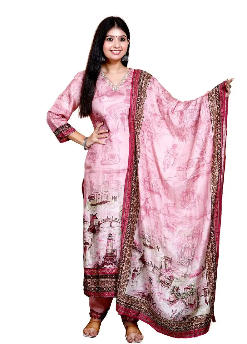 Digital print straight pink kurta with pant & dupatta