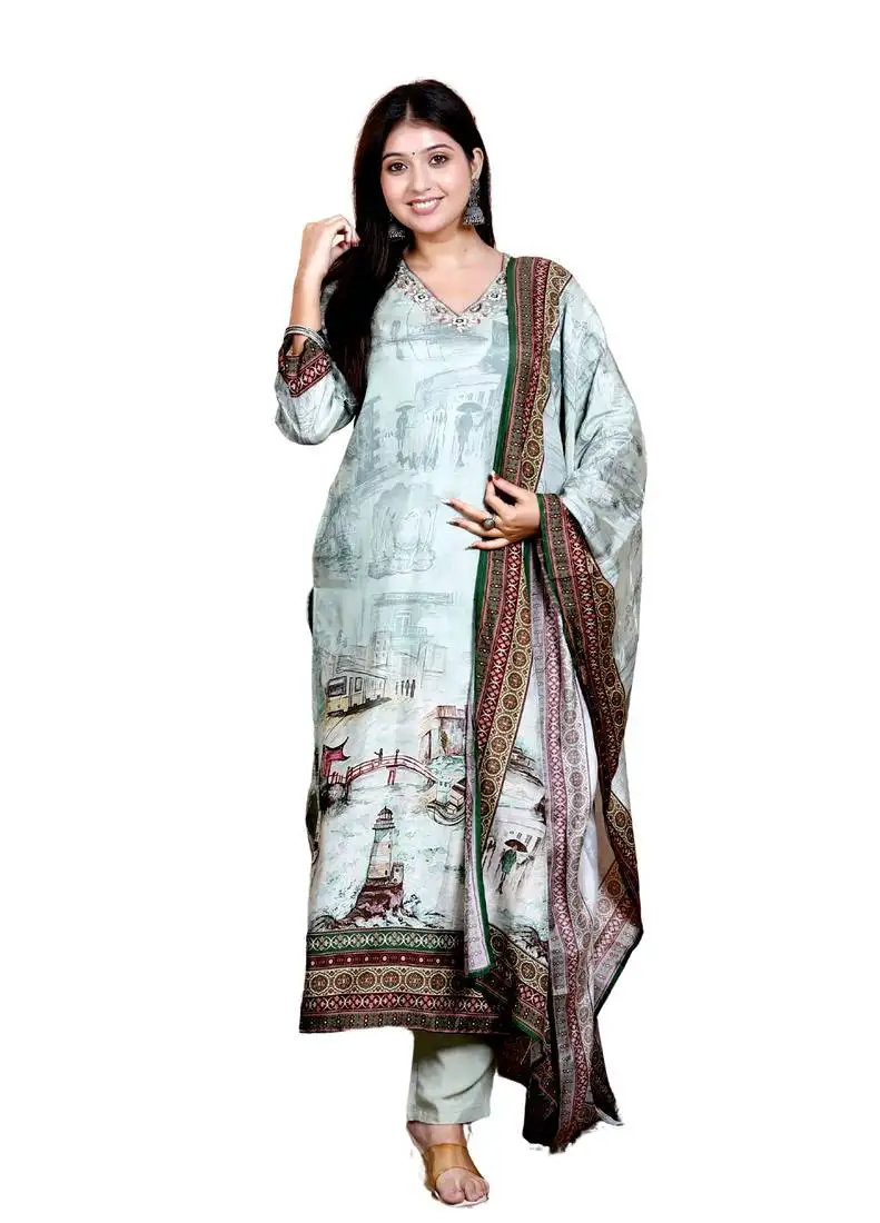 Digital print straight green kurta with pant & dupatta