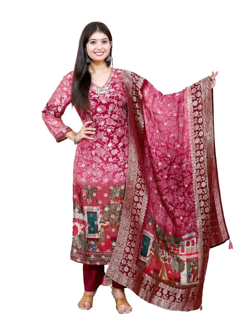 Digital print straight red kurta with pant & dupatta
