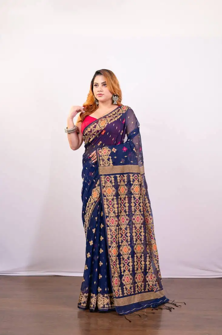 Navy blue cotton jamdani saree with beige woven motifs