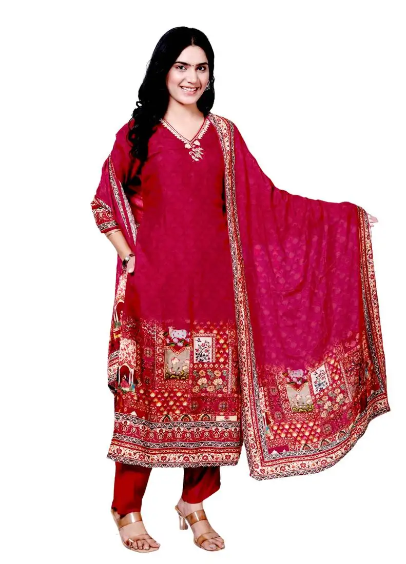 Women's digital print ethnic red kurta set for women with dupatta