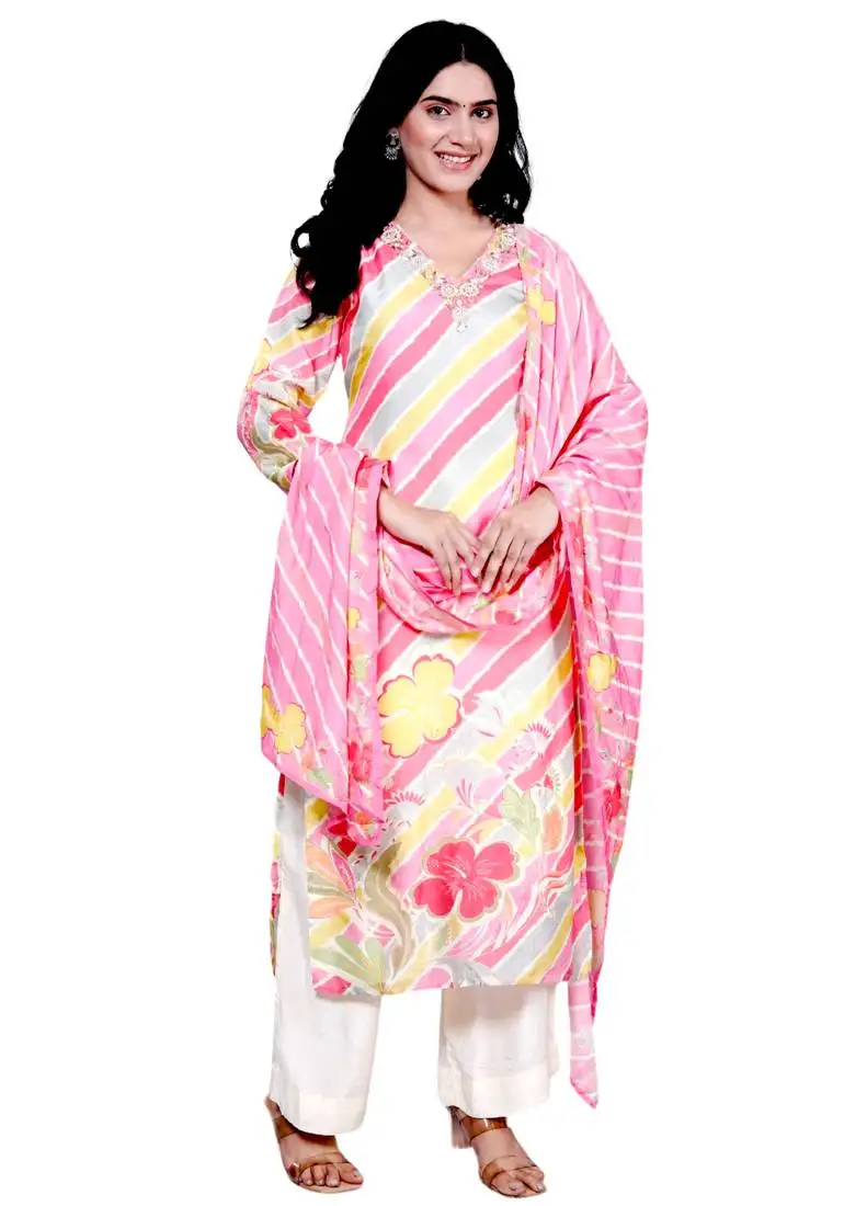 Women's leheriya digital print v-neck kurta set for women with dupatta