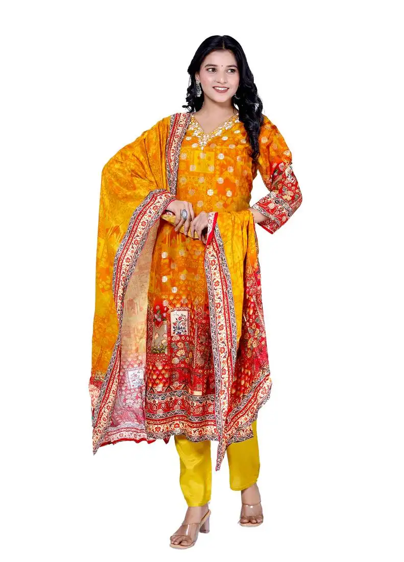 Women's ethnic motifs digital print v-neck kurta set for women with dupatta