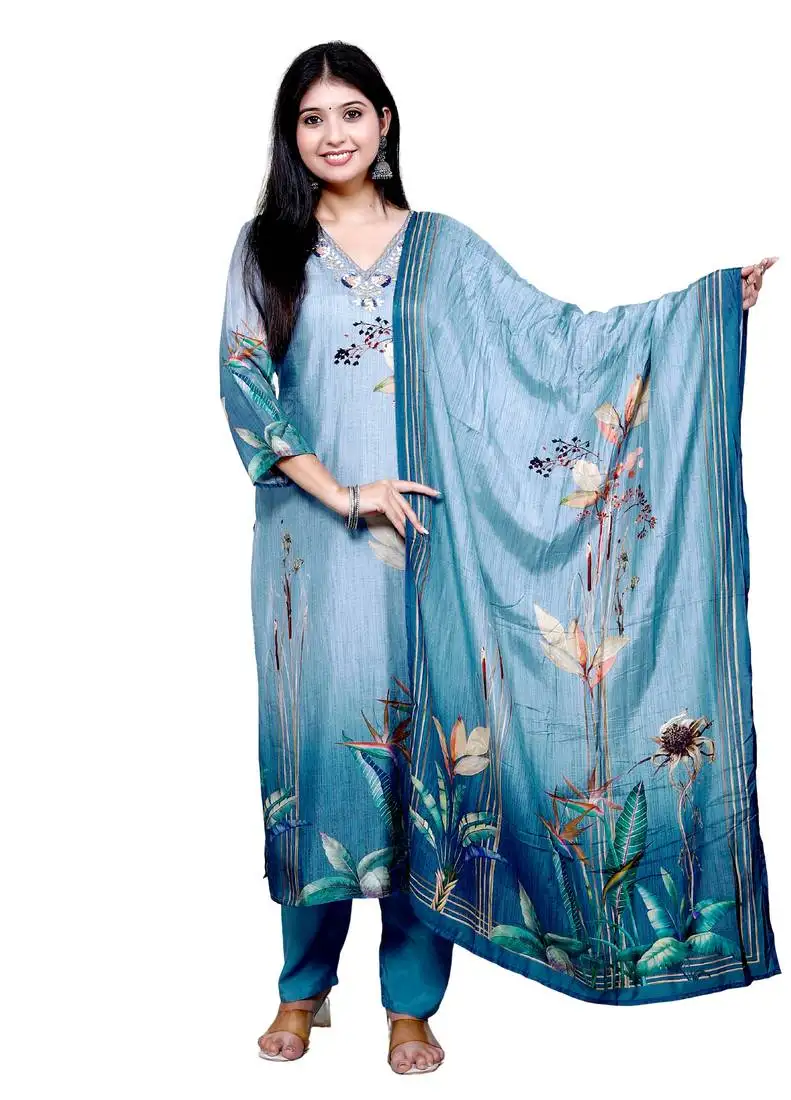 Women's botanical print v-neck kurta set for women with dupatta