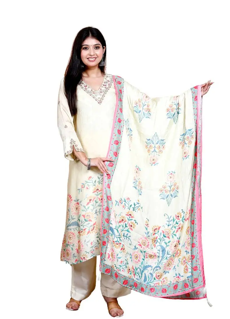 Women's floral print white kurta set for women with dupatta