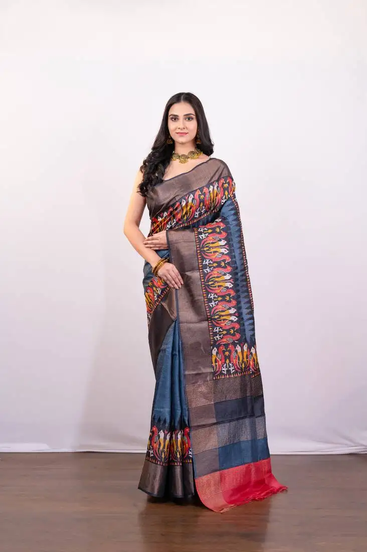 Slate grey handpainted pure tussar silk saree