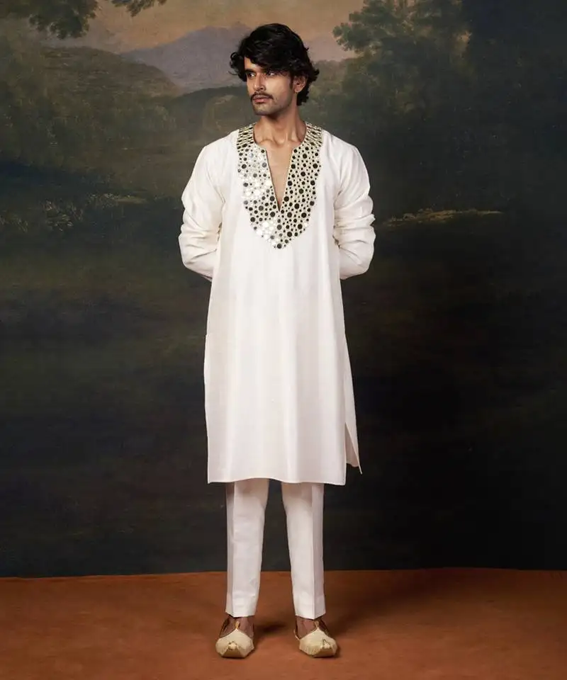 White mirror work kurta with matching pyjama