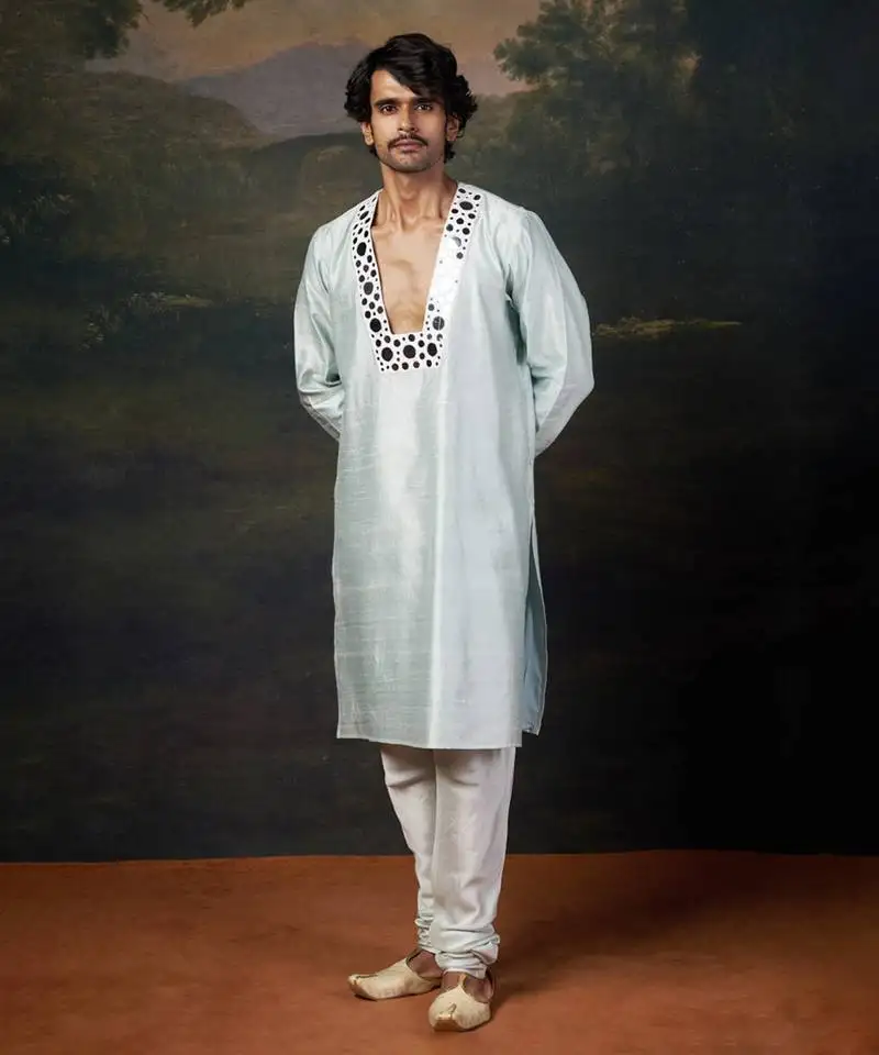 Turquoise embellished mirror work kurta set
