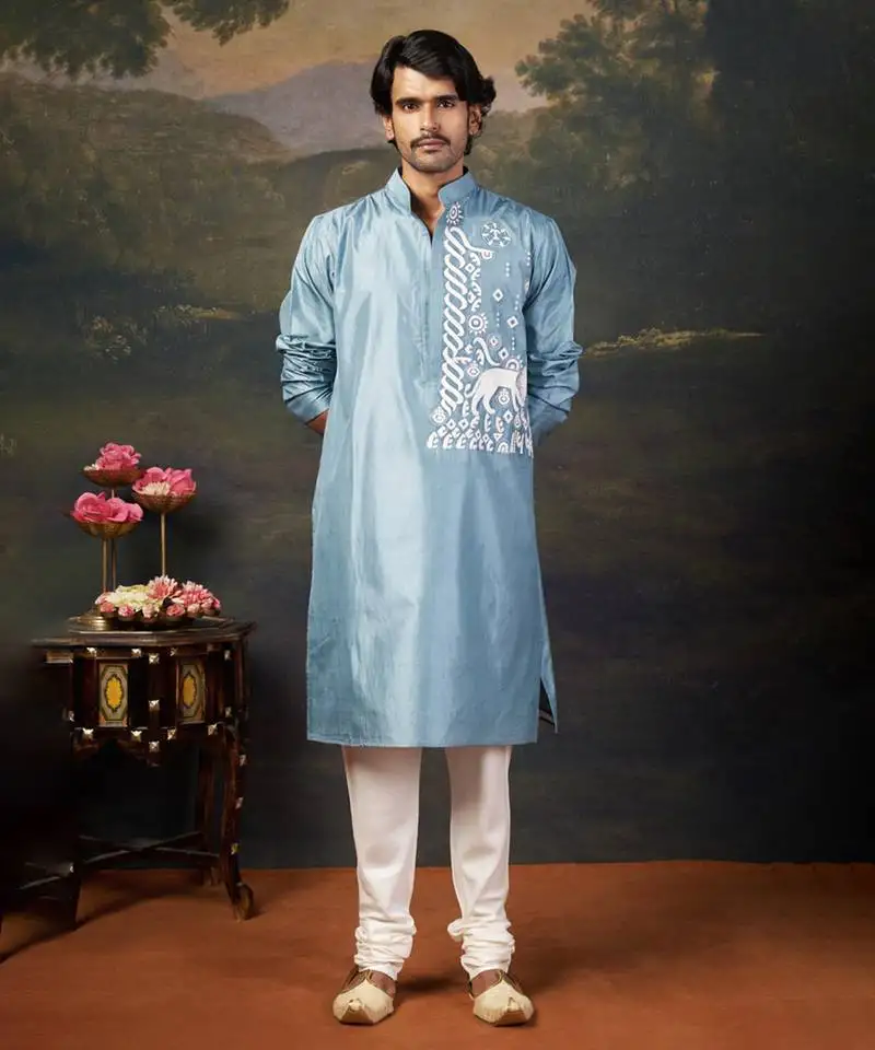 Grey hand-embroidered kurta with pyjama